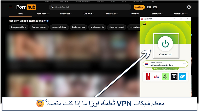 Screenshot of Pornhub website homepage with an active ExpressVPN connection to the Netherlands - Amsterdam server