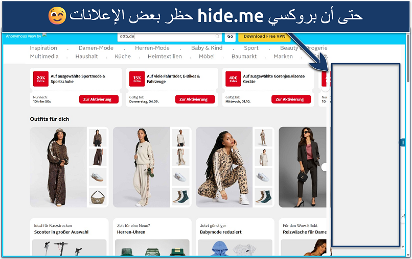 Screenshot of the Otto.de marketplace loaded via the hide.me web proxy